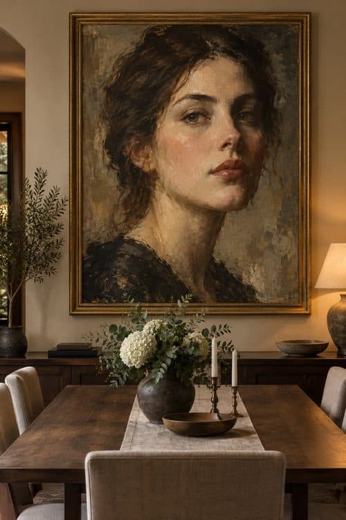 An oil portrait of a woman above a candlelit dining table