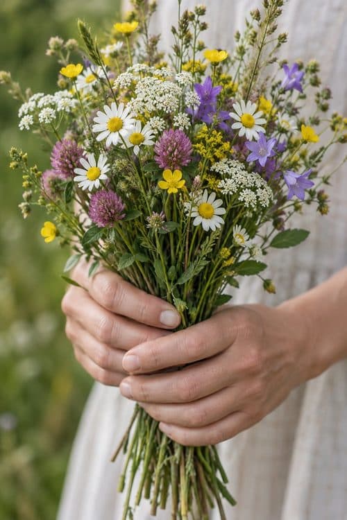 Hands holding a bunch of wildflowers