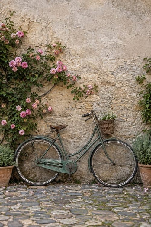 A pale green bicycle against a stone wall with climbing roses