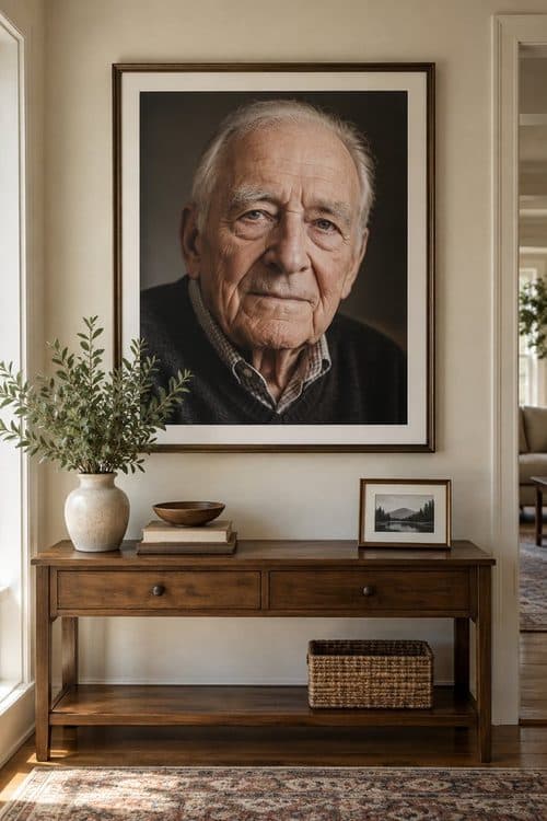 A framed portrait of an old man above a hallway console