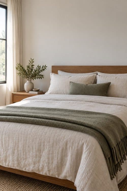 A calm bedroom in linen and olive tones