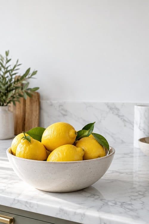 A bowl of lemons on a marble counter