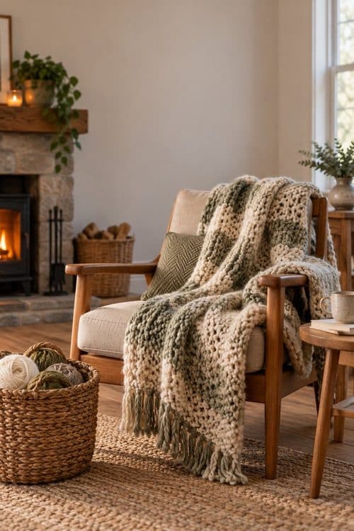 A knitted throw on an armchair by the fire